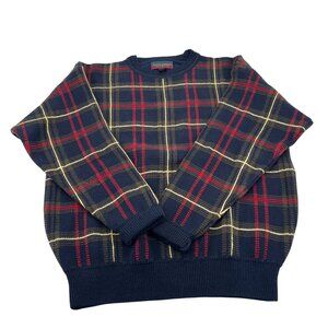 Saddlebred Mens Vintage Plaid Sweater Navy Red Yellow 100% Cotton Size L